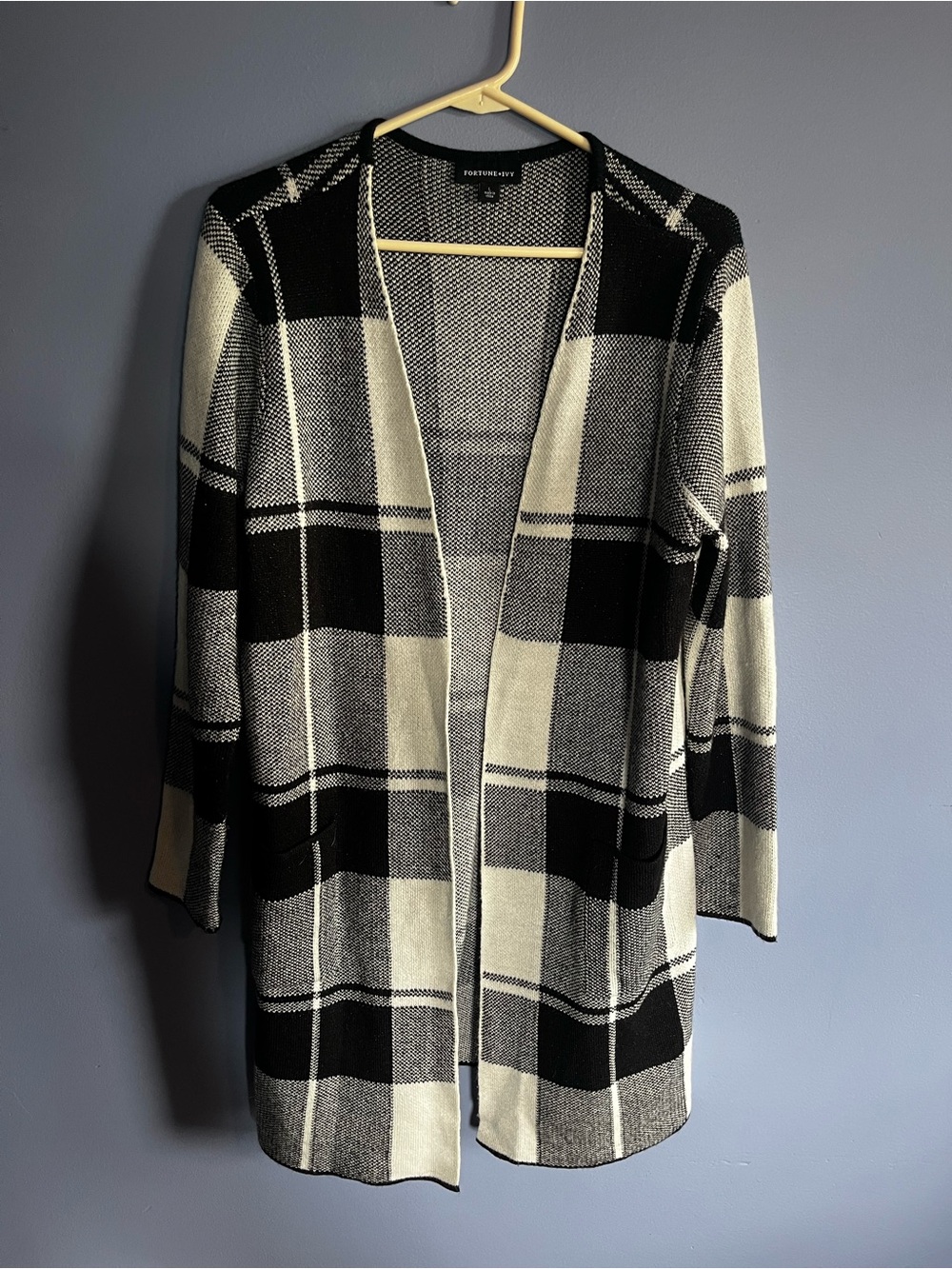 Black and Cream Plaid Open Cardigan